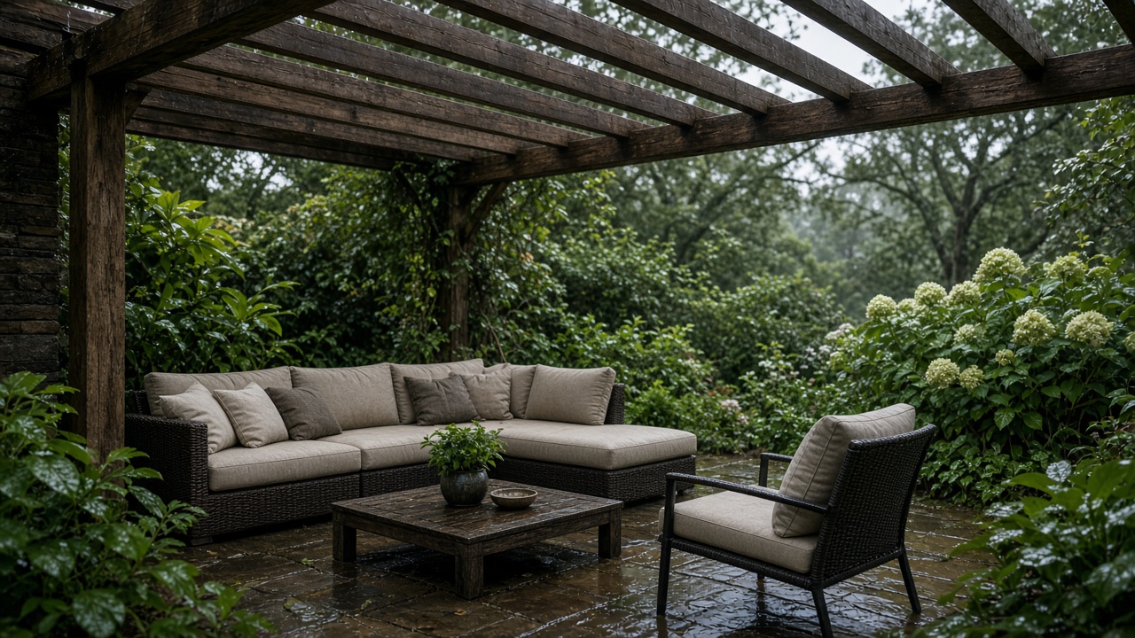 Loungeset onder een houten overkapping in een tuin na een regenbui