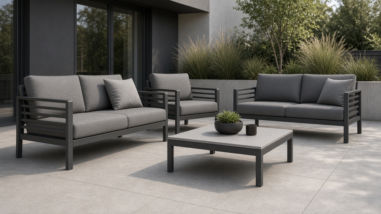 Moderne antraciet aluminium loungeset met grijze kussens op een strak terras