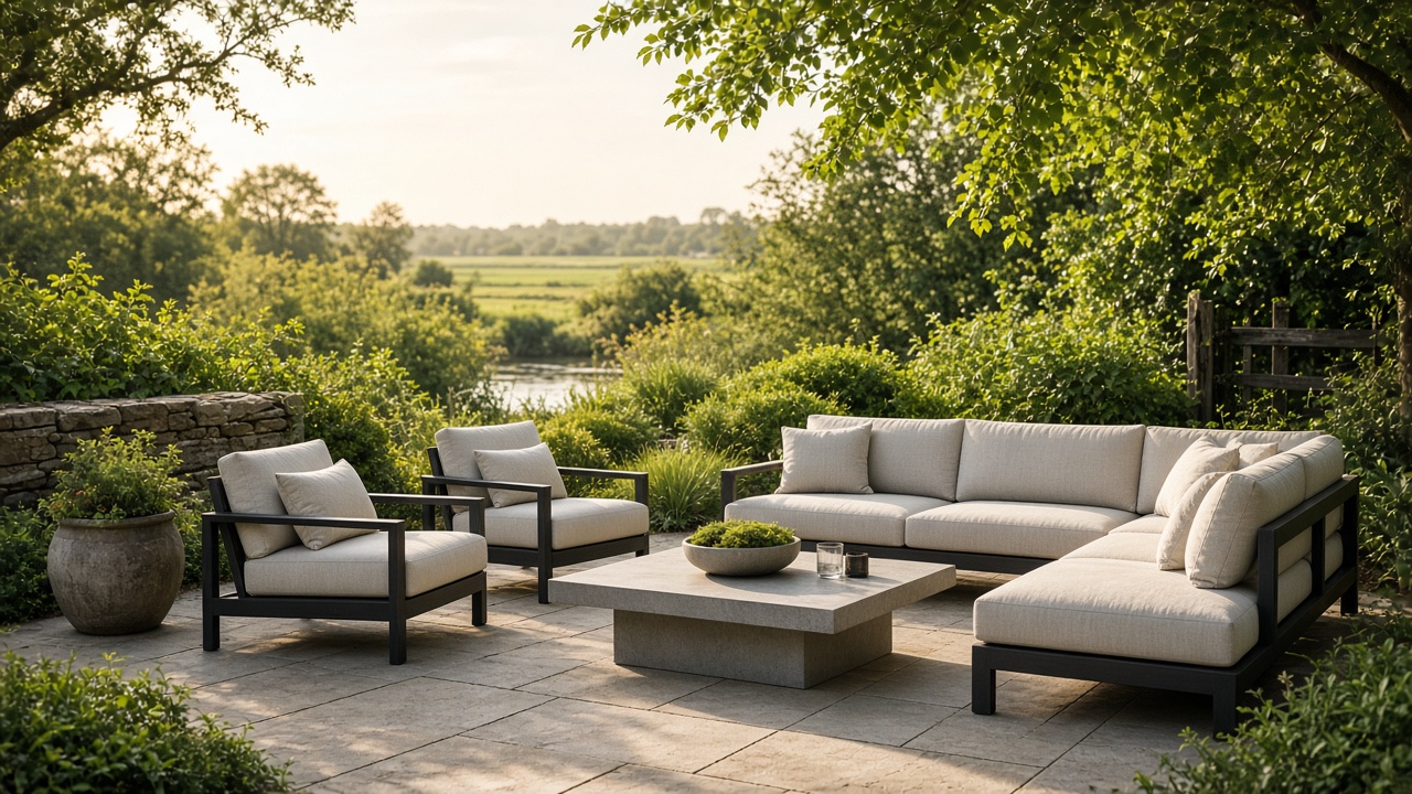 Ruime loungeset met lichte kussens op een zonnig terras in een groene tuin