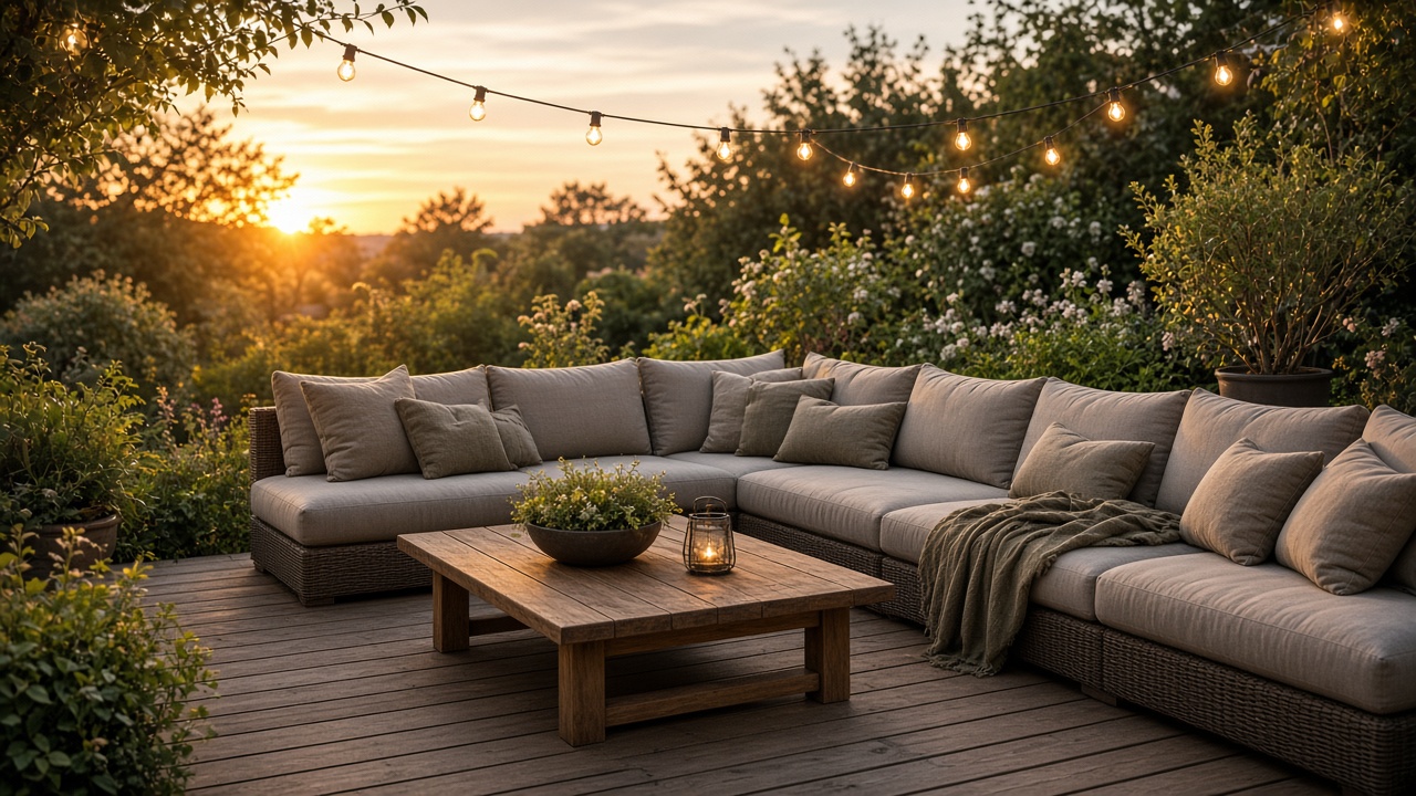 Grote hoek loungeset met zachte kussens op een houten terras bij zonsondergang
