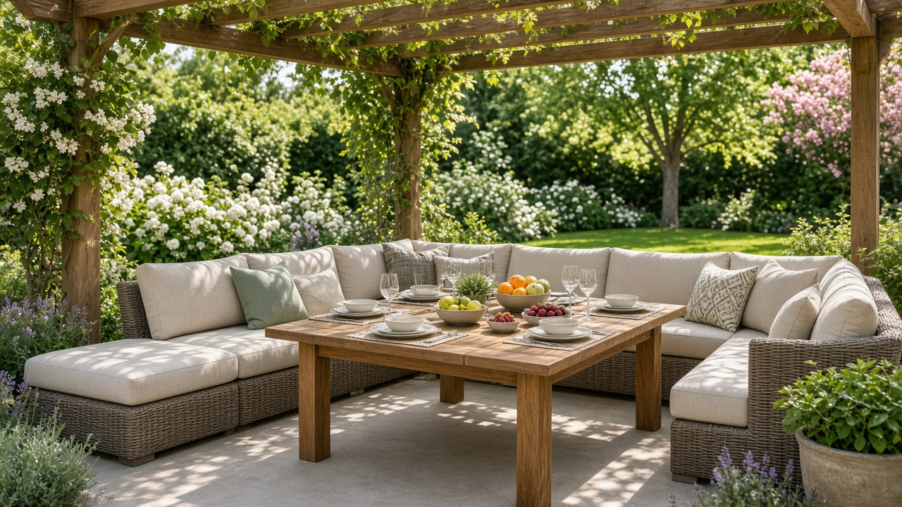 Lounge diningset met hoekbank en houten tafel gedekt in een zomerse tuin