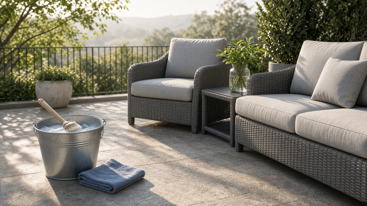 Schone loungeset met emmer sop en zachte borstel op een zonnig terras