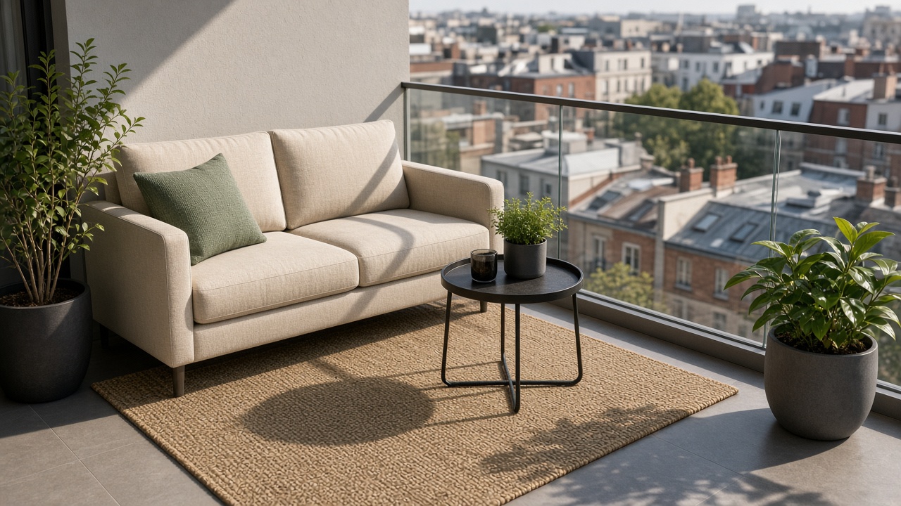 Compacte loungeset met kussens en planten op een zonnig stadsbalkon