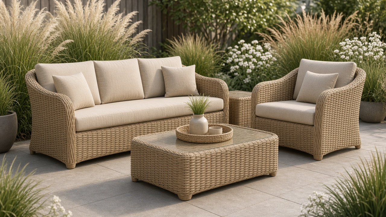Naturelkleurige wicker loungeset met beige kussens op een terras met planten