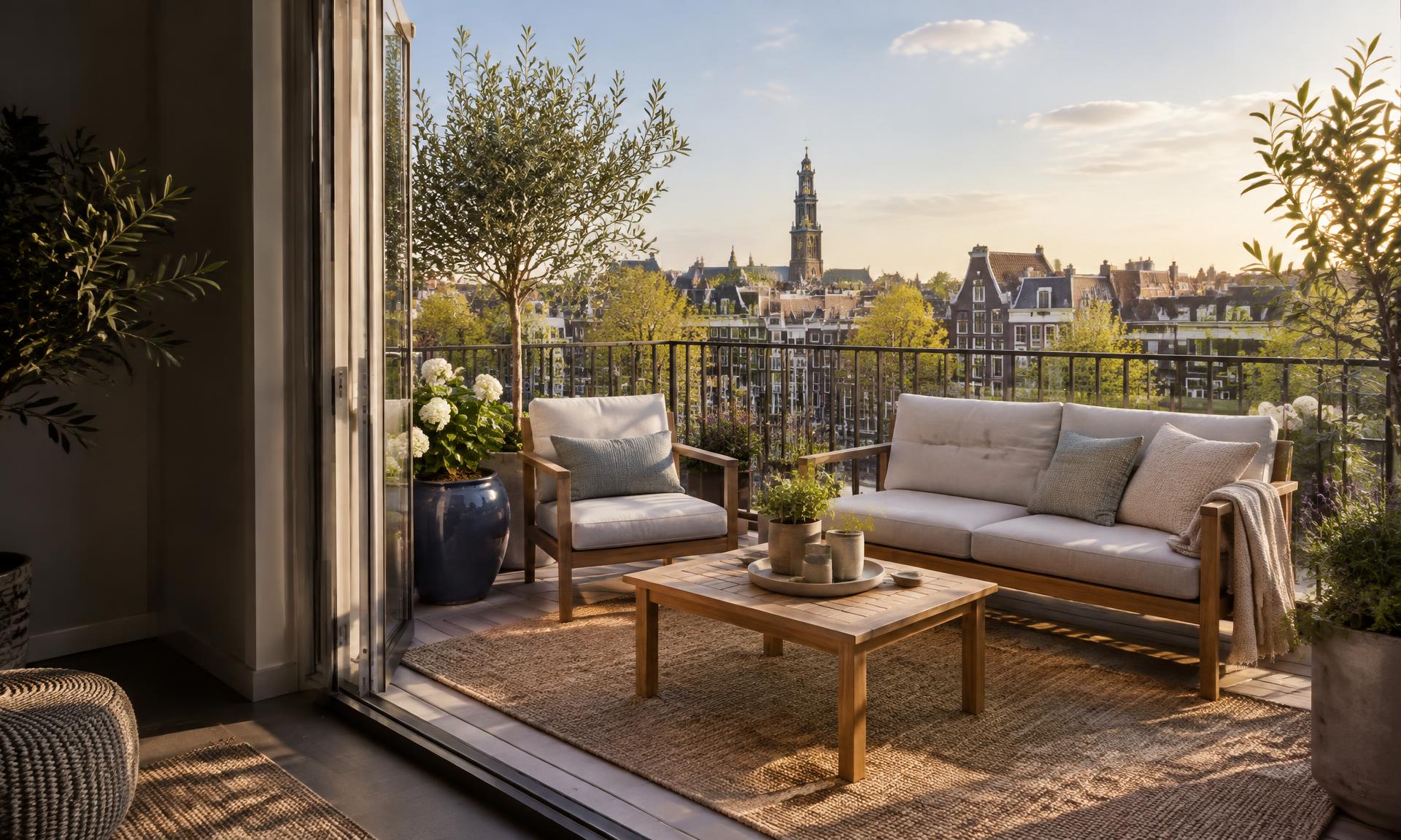 Loungeset met zachte kussens op een groen stadsbalkon